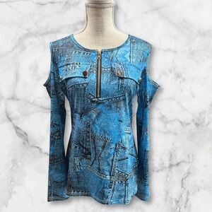 Faux blue denim long sleeve cold shoulder shirt sz LG NWOT